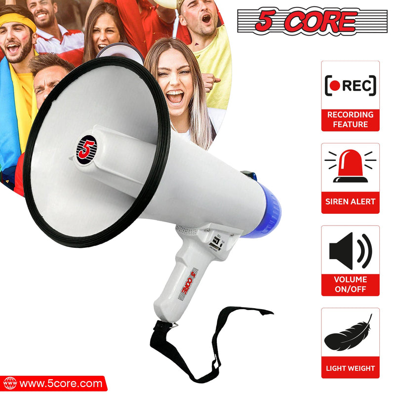 5 Core Megaphone Bull Horn 20W 300M Range Loud Speaker Portable PA Horn w Recording Volume Control Bullhorn Siren Cheer Noise Maker for Coaches Sporting Event Party Crowd Control -20R-USB WoB-7