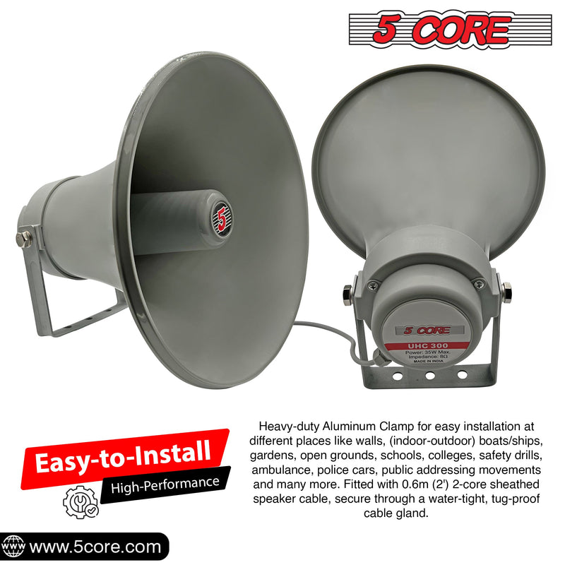 5 Core Indoor Outdoor PA Horn Circular Speaker 12" 35W Power Loud Sound Driver Horns w/ 400Hz-5KHz Frequency 8 Ohm Weatherproof Vehicle SIREN -UHC 300-10