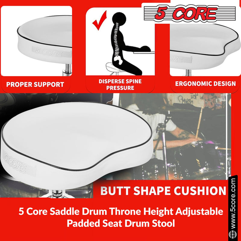 5 Core Drum Throne Saddle Heavy Duty Height Adjustable Padded Comfortable Drum Seat Stools Chair w Double Braced Anti-Slip Feet - DS CH WH SDL HD-11