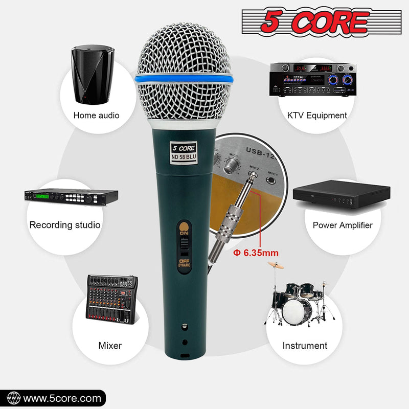 5 Core Microphone Pro Neodymium Dynamic Mic XLR Audio Cardiod Karaoke w/ Mic Clip ND 58 BLU-6