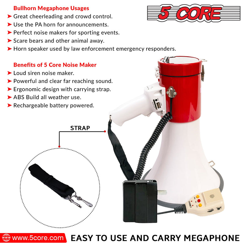 5 Core Megaphone Bull Horn 50W Loud Siren Noise Maker Professional Bullhorn Speaker Rechargeable PA System w Recording USB SD Card Adjustable Volume for Coaches Speeches Events Emergencies - 66SF WB-5