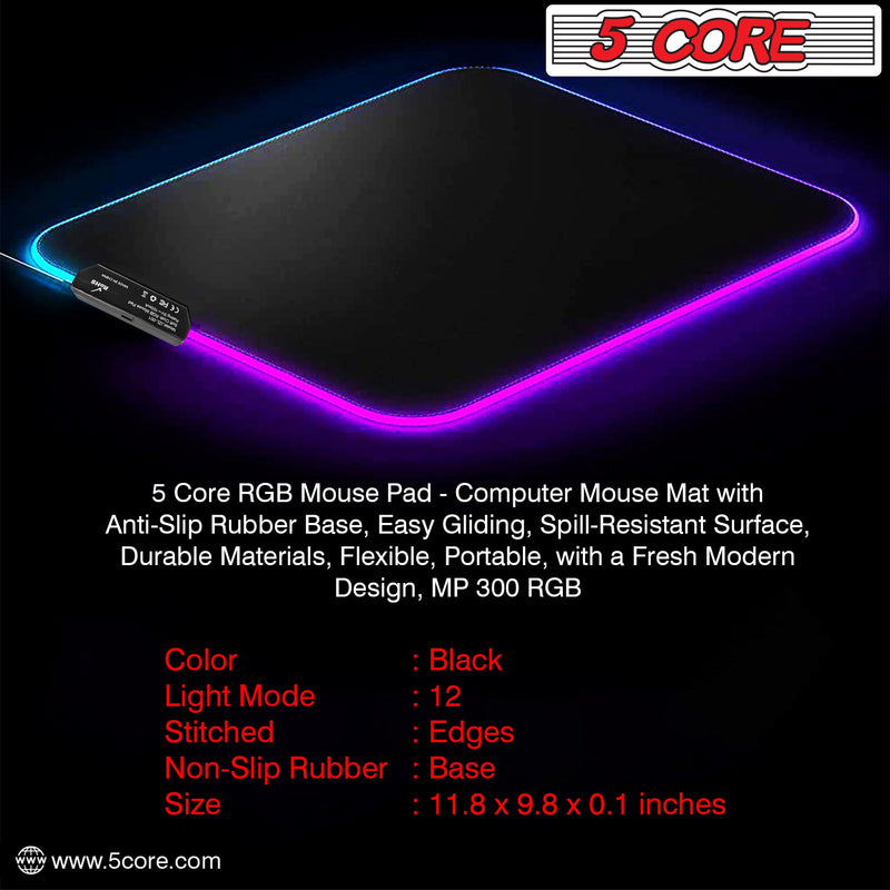 5 Core Gaming Mouse Pad RGB LED LightStandard Size with Durable Stitched Edges and Non-Slip Rubber Base Large Gaming Desk Mouse -MP 300 RGB-5