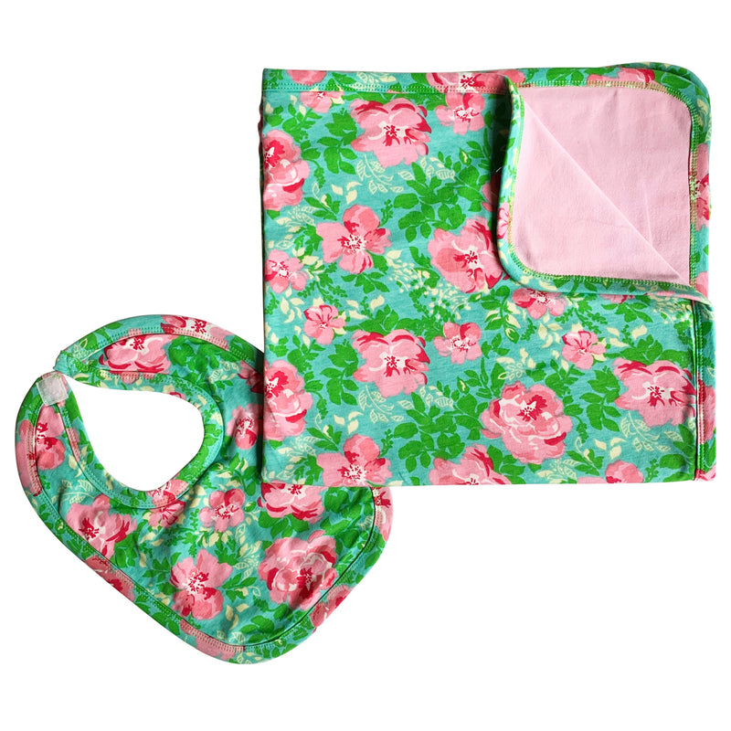 AnnLoren Baby Toddler Girls Floral Blanket & Bib Gift Set 2 pc Knit Cotton-0