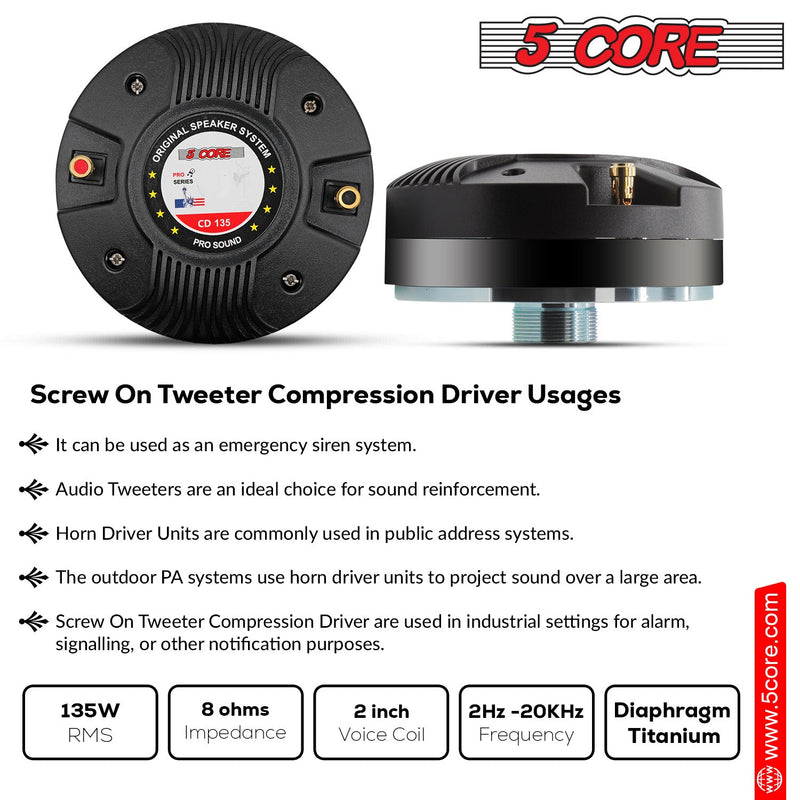 5 Core Horn Tweeter Replacement Compression Driver 135W RMS Tweeters 8 Ohm Compact PA Horn Speaker Audio Horn Speakers 18 T.P.I Thread - CD 135-5