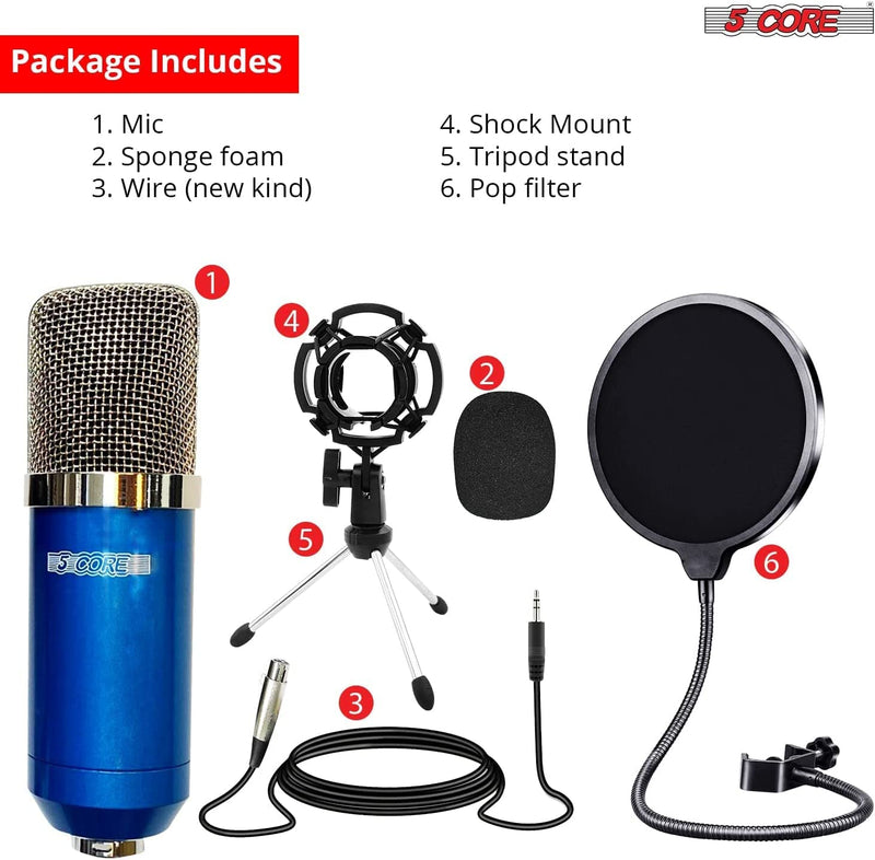 5Core Condenser Microphone Kit w/ Arm Stand Game Chat Audio Recording Computer RM 7 BLU-2