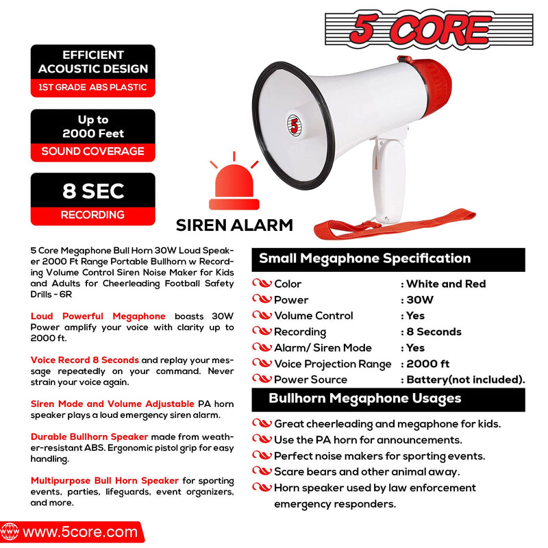 5 Core Megaphone Bull Horn 30W Loud Speaker 2000 Ft Range Portable Bullhorn w Recording Volume Control Siren Noise Maker for Kids and Adults for Cheerleading Football Safety Drills - 6R-8