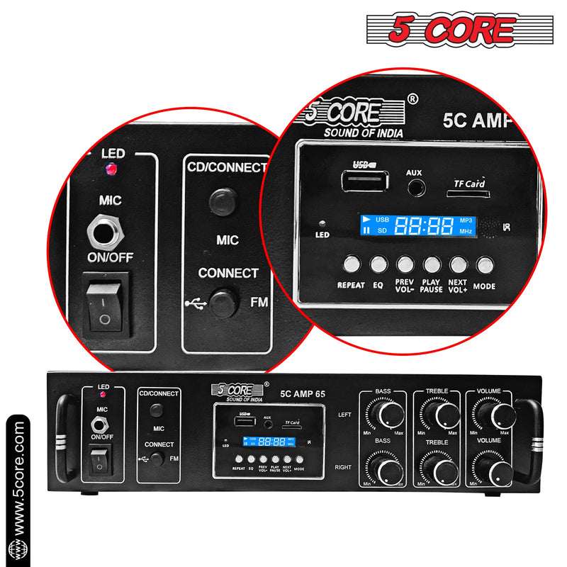 5Core Amplifier Home Audio 600W in-Built Speaker Mini Stereo Dual Channel LCD Display MMC / TF AUX USB with Volume, Bass, and Treble Control for Home Theater, PA, RV, Boat, Tablet PC, Studio 5C AMP 65-2