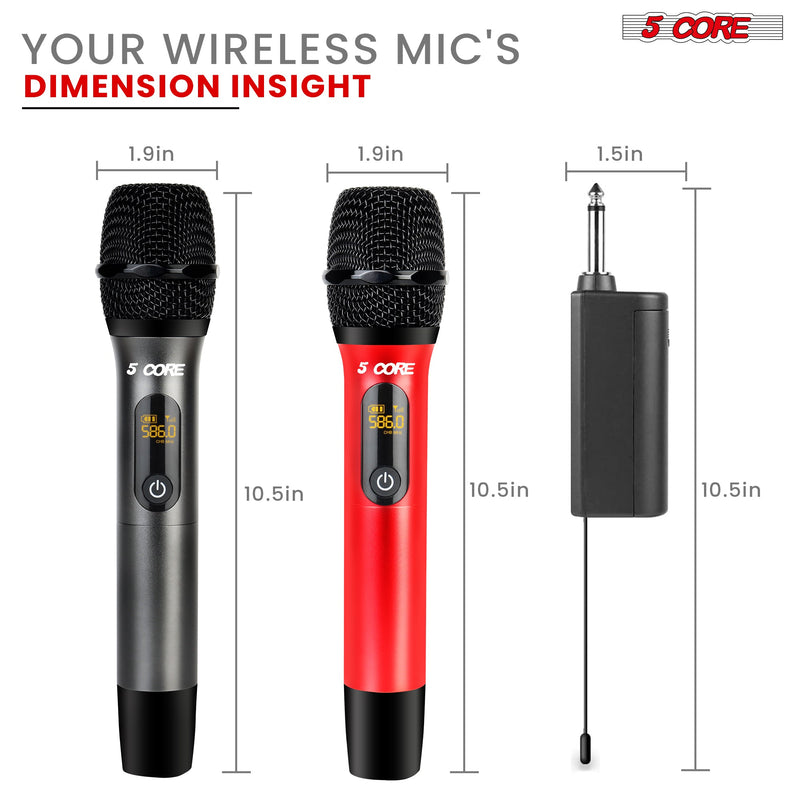5 Core Wireless Microphones 210ft Range UHF Dual Karaoke Mic Cardioid Pickup Rechargeable Receiver Cordless Microfono Inalambrico Red & Gray - WM UHF 02-RED+GRAY-6