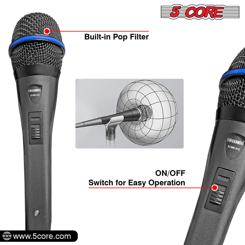 5 Core Dynamic Handheld Microphone Cardioid Unidirectional Mic Includes XLR Audio Cable - PM 619-2