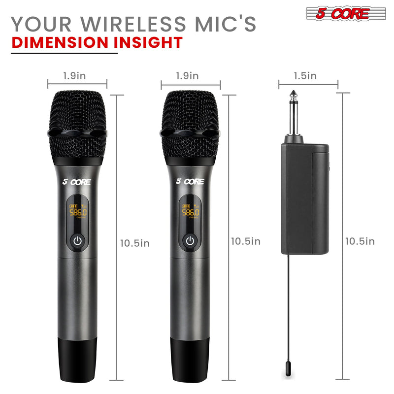 5 Core Wireless Microphones 210ft Range UHF Dual Karaoke Mic Cardioid Pickup Rechargeable Receiver Cordless Microfono Inalambrico Gray - WM UHF 02-GRAY-6