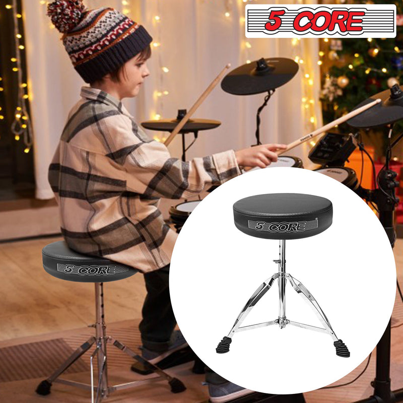 5 Core Drum Throne Black| Height Adjustable Padded Seat Drum Stool| Folding Portable Drummer Throne with Anti-Slip Feet| with two Drumsticks, Drum Chair for Kids and Adults- DS CH BLK-11