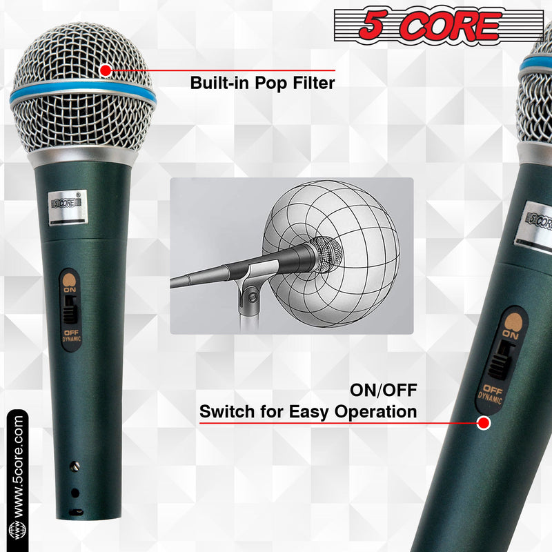5 Core Premium Vocal Microphone| Cardioid Unidirectional Pickup| On/Off Switch, Steel Mesh Grille and Integral Pop Filter| 12ft XLR Connector, Mic Holder, Storage Bag Included- BETA-2