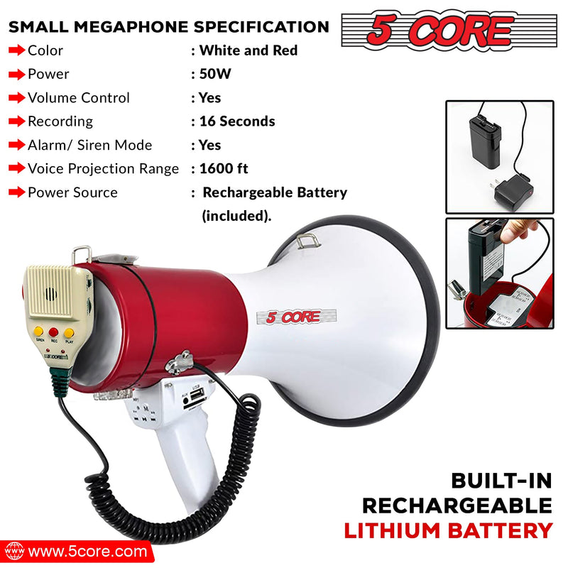 5 Core Bull Horn Megaphone 60W Loud Siren Noise Maker Professional Bullhorn Speaker Rechargeable w Handheld Mic Recording USB SD Card Adjustable Volume for Coaches Speeches Emergencies -77SF WB-5