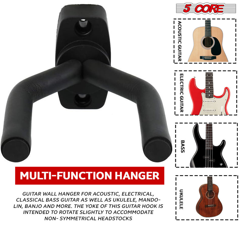 5 Core Guitar Wall Mount | Metal Guitar Hanger with Rotatable Soft Hook for All Size Guitars| Sturdy U-Shaped Holder | For Acoustic, Electric, Bass Guitar, violins, mandolins, ukuleles- GH IRON 1PC-5