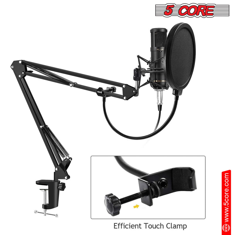 5 Core Microphone Stand Adjustable Suspension Boom Scissor Arm Mic Stand with 3/8/''to 5/8/'' Screw Adapter Includes Dual Layer Pop Filter - RM STND 2-1