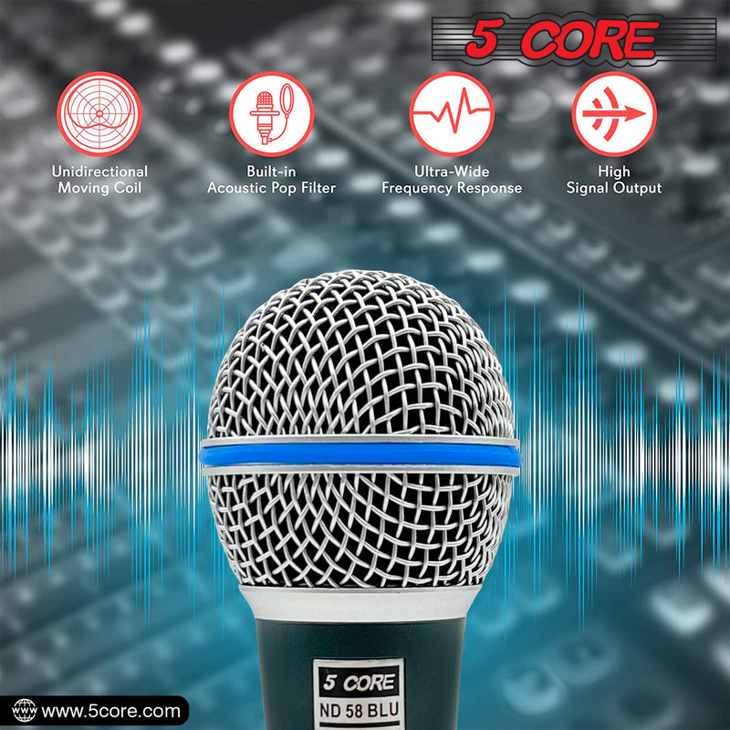 5 Core Microphone Pro Neodymium Dynamic Mic XLR Audio Cardiod Karaoke w/ Mic Clip ND 58 BLU-7
