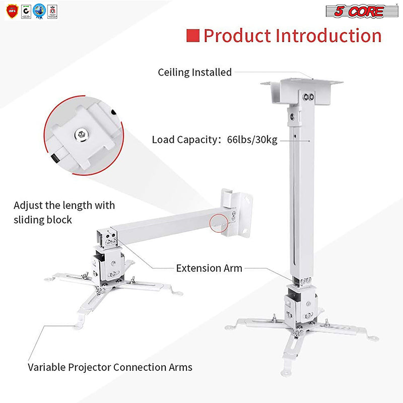 5 Core Projector Mount White Projector Ceiling Wall Mount Universal Projector Ceiling Mount Projector Stand Adjustable w Mounting Bracket - PS 01 WH-5