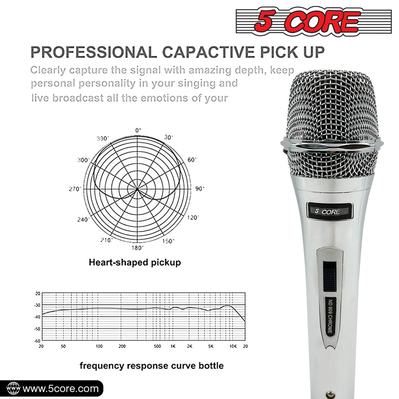 5 Core Microphone Professional Dynamic Karaoke XLR Wired Mic w ON/OFF Switch Pop Filter Cardioid Unidirectional Pickup Micrófono -ND 909 CHROME-5