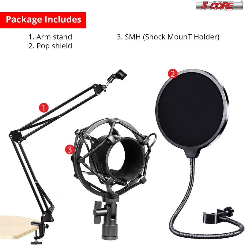 5 Core Microphone Stand Adjustable Suspension Boom Scissor Arm Mic Stand with 3/8/''to 5/8/'' Screw Adapter w Pop Filter Shock Mount - RM STND 3 P-6