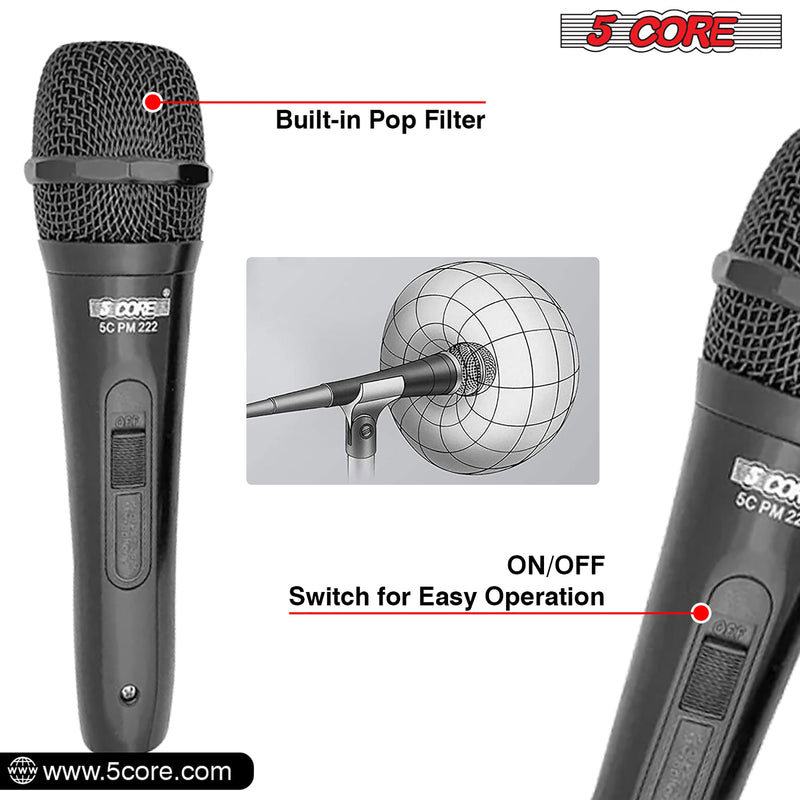 5 Core Karaoke Microphone Dynamic Vocal Handheld Mic Cardioid Unidirectional Microfono w On and Off Switch Includes XLR Audio Cable Mic Holder -PM-222-3