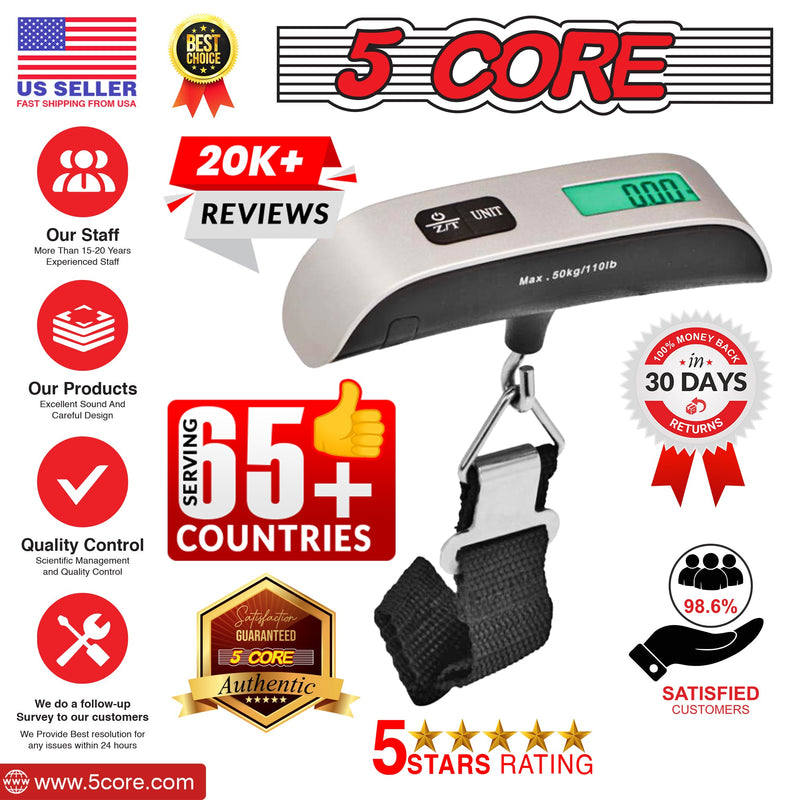 5 Core Luggage Scale 110 Pounds Digital Hanging Weight Scale w Backlight Rubber Paint Handle Battery Included- LSS-004-10