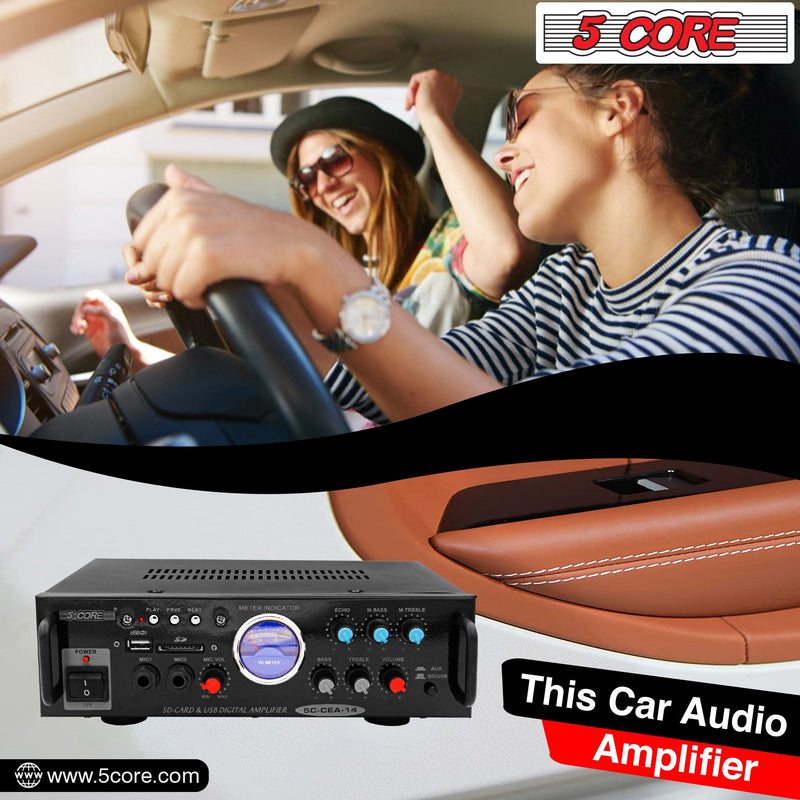 5 Core Car Amplifier 300W Dual Channel Amplifiers Car Audio w MOSFET Power Supply Premium Amp with EQ Control 2 Mic 1 USB and SD Card Input -CEA 14-9