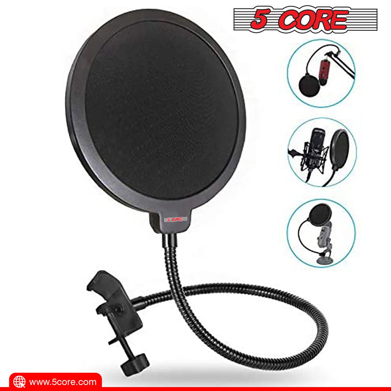 5 Core Microphone Pop Filter Dual Layered Pop Wind Screen with Enhanced Flexible Gooseneck Clip Stabilizing Arm for Vocal Recording- POP FILTER-3