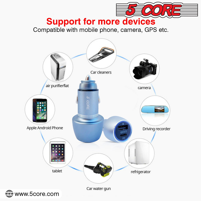 5 Core Car Charger Mini Aluminum Alloy Dual USB Power Adapter with PD QC 3.0 Port Soft LED Fast Charging for iPhone Samsung -CDKC12 2Pcs-11