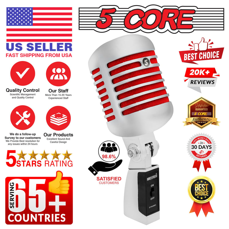 5 Core Classic Retro Dynamic Vocal Microphone Old Vintage Style Unidirectional Chrome Cardioid Professional Noise Reduction Mic for Instrument Live Performance Prop Studio Recording -RTRO MIC CH RED-11