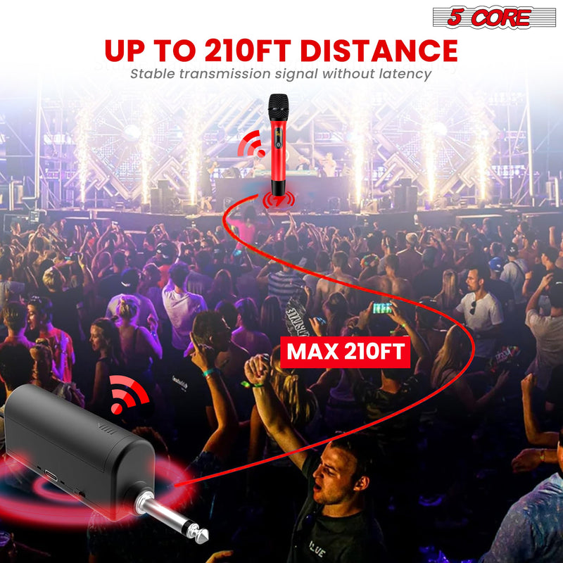 5 Core Wireless Microphones 210ft Range UHF Dual Karaoke Mic Cardioid Pickup Rechargeable Receiver Cordless Microfono Inalambrico Red & Gray - WM UHF 02-RED+GRAY-7