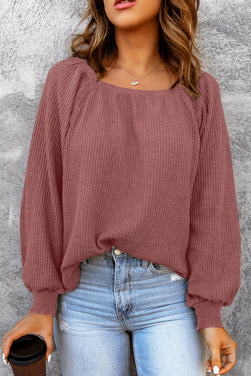 Hallie Square Neck Puff Sleeve Waffle Knit Top-2