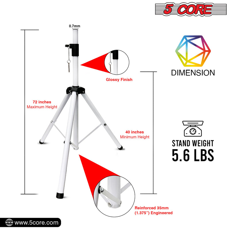 5 Core Speakers Stands 1 Piece White Heavy Duty Height Adjustable Tripod PA Speaker Stand For Large Speakers DJ Stand Para Bocinas Includes Carry Bag- SS HD 1 PK WH BAG-2