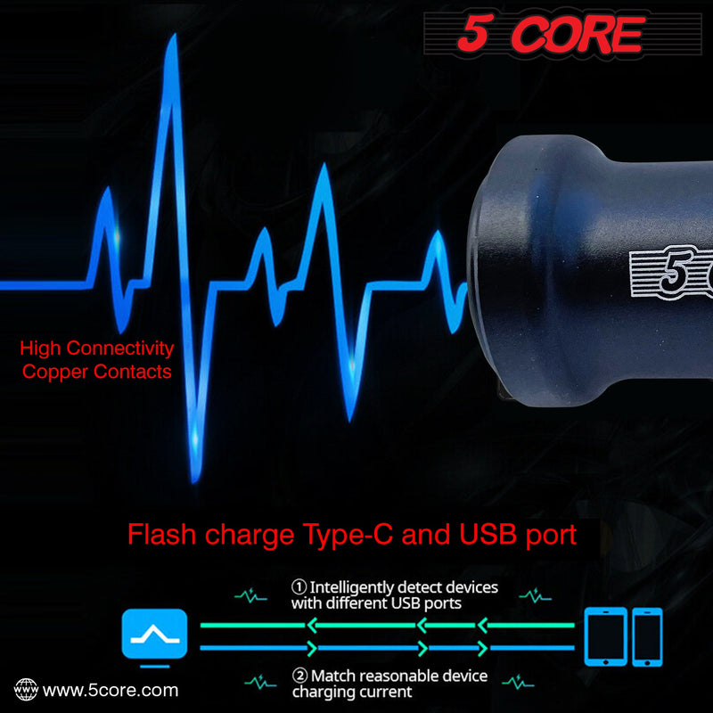 5 Core Car Charger Cigarette Lighter USB Charger Aluminum Alloy Dual USB w LED Fast Charging Power Adapter for iPhone iPad Samsung Galaxy -CDKC13 2Pcs-12