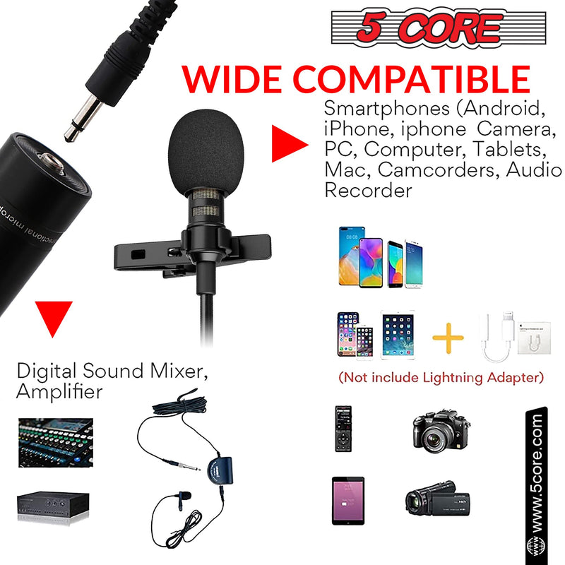 5 Core Lavalier Microphone for iPhone & Tablet External Clip On Mini Lapel Mic for Video Recording & Vlogging with 3.5mm Connector -CM-WRD 30-13