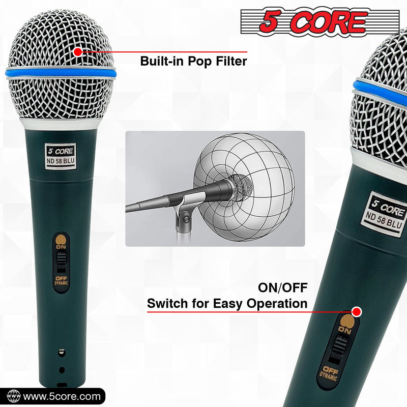 5 Core Microphone Pro Neodymium Dynamic Mic XLR Audio Cardiod Karaoke w/ Mic Clip ND 58 BLU-3