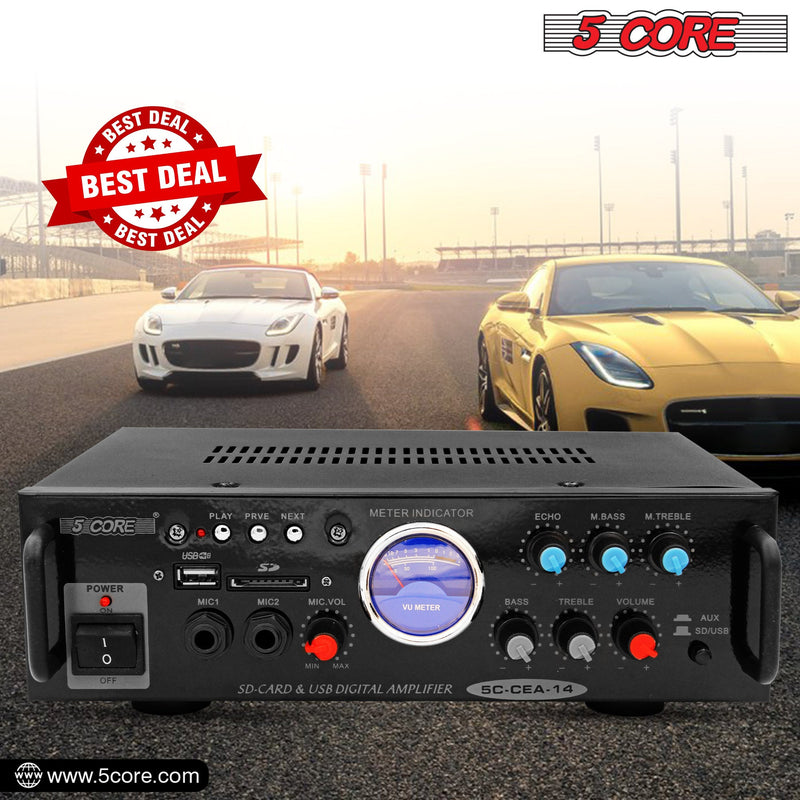 5 Core Car Amplifier 300W Dual Channel Amplifiers Car Audio w MOSFET Power Supply Premium Amp with EQ Control 2 Mic 1 USB and SD Card Input -CEA 14-10