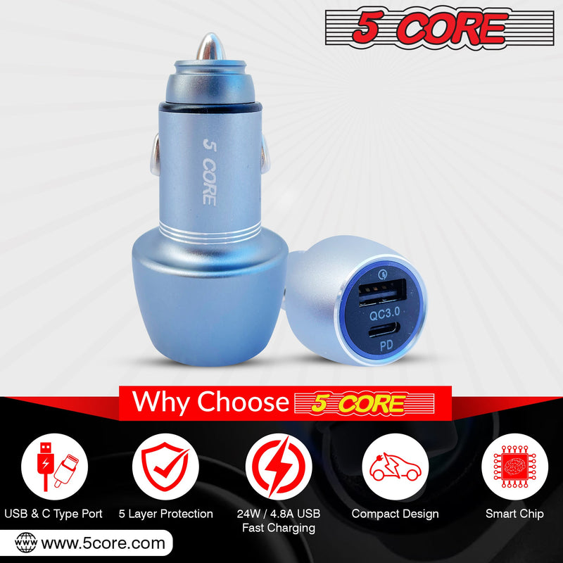 5 Core Car Charger Mini Aluminum Alloy Dual USB Power Adapter with PD QC 3.0 Port Soft LED Fast Charging for iPhone Samsung -CDKC12 2Pcs-12
