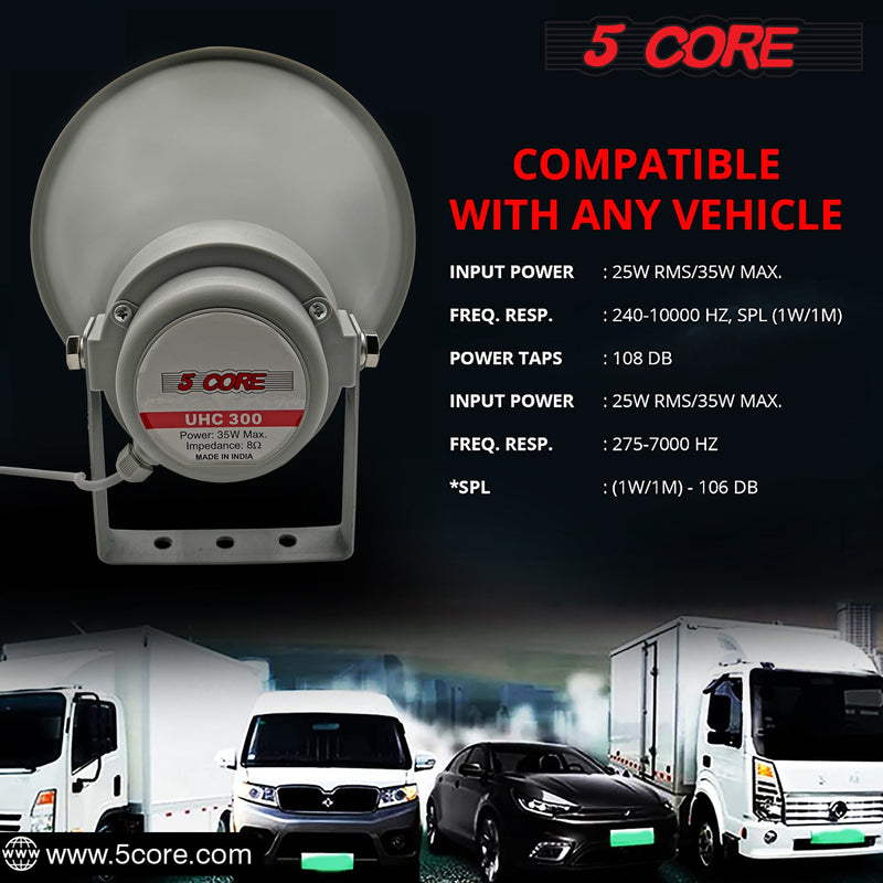 5 Core Indoor Outdoor PA Horn Circular Speaker 12" 35W Power Loud Sound Driver Horns w/ 400Hz-5KHz Frequency 8 Ohm Weatherproof Vehicle SIREN -UHC 300-13