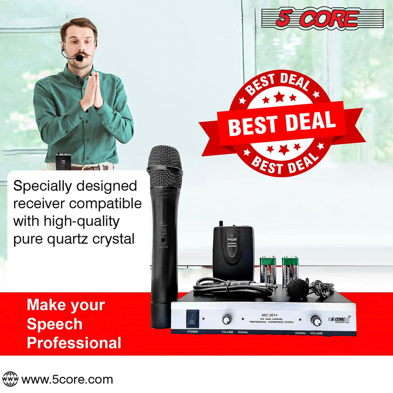 5Core VHF Dual Channel DIGITAL PRO Wireless Microphone System with Receiver WM 301 1M1C-11