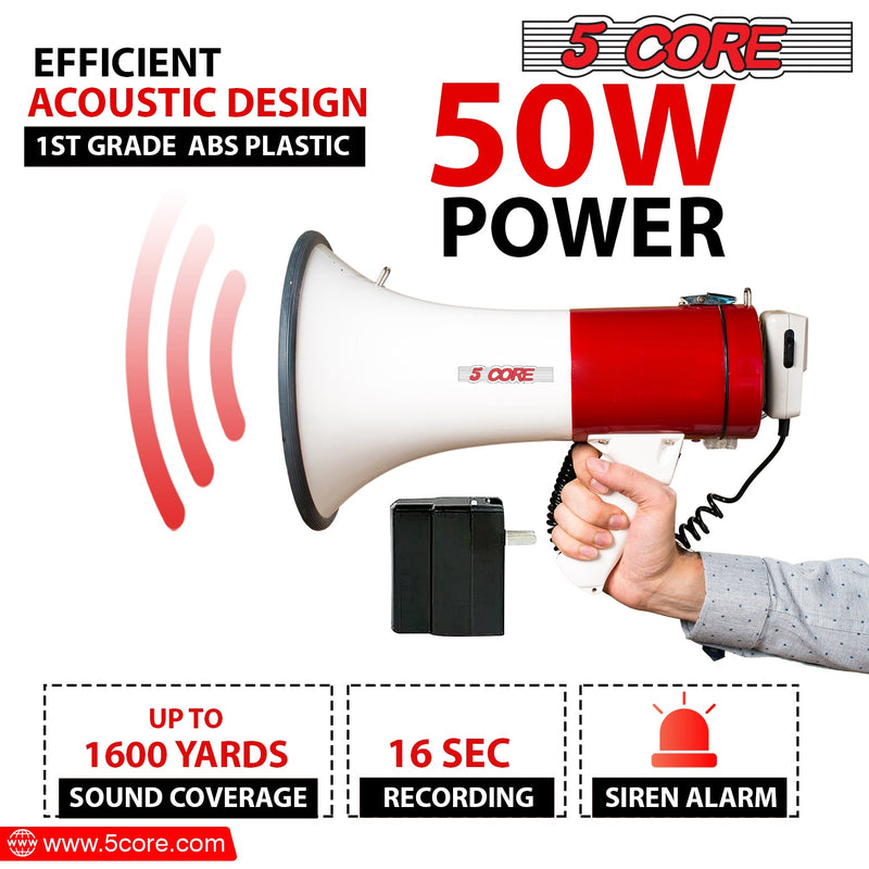 5 Core Megaphone Bull Horn 50W Loud Siren Noise Maker Professional Bullhorn Speaker Rechargeable PA System w Recording USB SD Card Adjustable Volume for Coaches Speeches Events Emergencies - 66SF WB-1