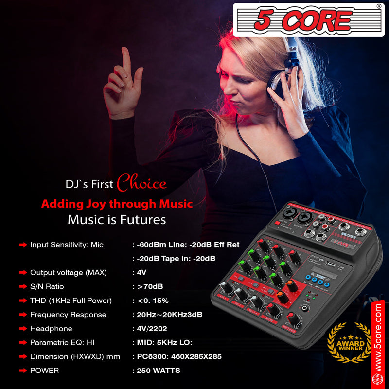 5 Core Audio Mixer Dj Mixer 4 Channel Sound Board w Built-in Effects & Usb Interface Bluetooth Reliale Karaoke Podcast Music Mixer -MX 4CH-10