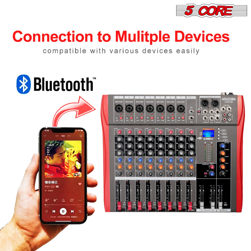 5 Core Audio Mixer DJ Equipment Digital Sound Board Karaoke XLR Mixers Professional 8 Channel Bluetooth USB w Effects for Recording Music Studio PC Podcast Instruments Consola De Sonido - MX 8CH-7