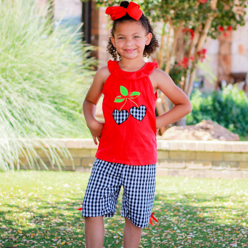 Girls Red Cherry Ruffled Tunic and Gingham Woven Shorts Outfit-3