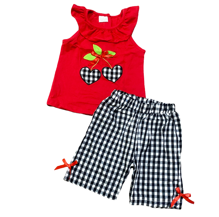 Girls Red Cherry Ruffled Tunic and Gingham Woven Shorts Outfit-0