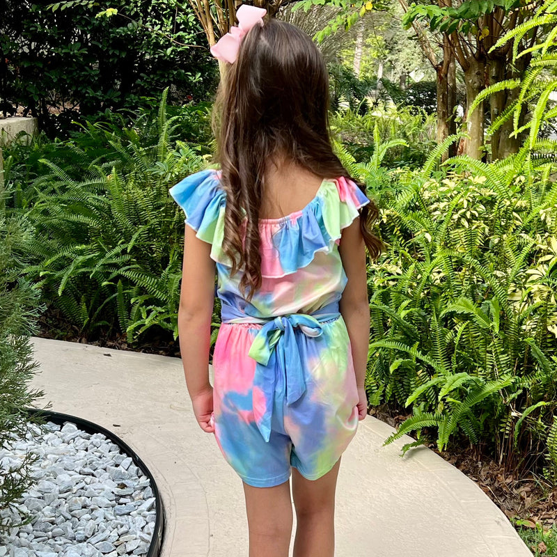 Girls Pastel Tie Dye Shorts Jumpsuit Easter Spring Kids Romper-2