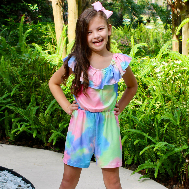 Girls Pastel Tie Dye Shorts Jumpsuit Easter Spring Kids Romper-1