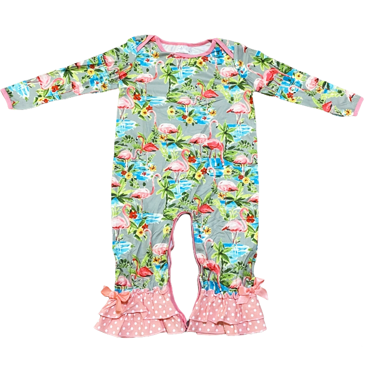 Pink Flamingo Floral Baby Girls Long Sleeve Soft Romper-0