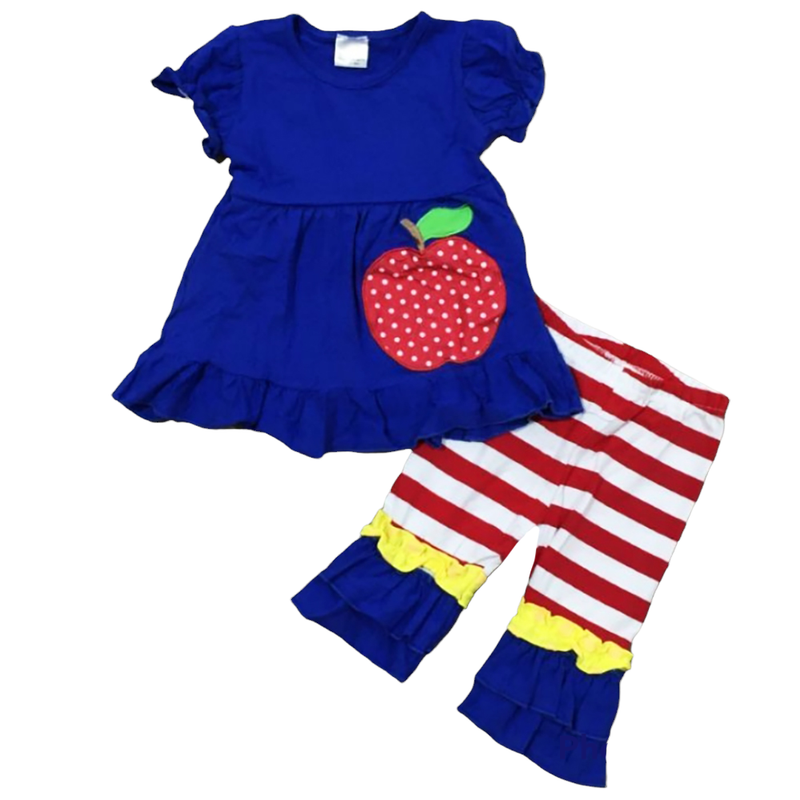 Girls Back to School Red Apple Tunic and Ruffle Pants Cotton Outfit-1