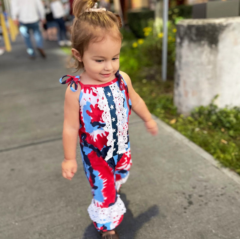 AnnLoren Red, White & Blue Tie Dye Baby Girls Romper Toddler 4th of July Jumpsuit-1