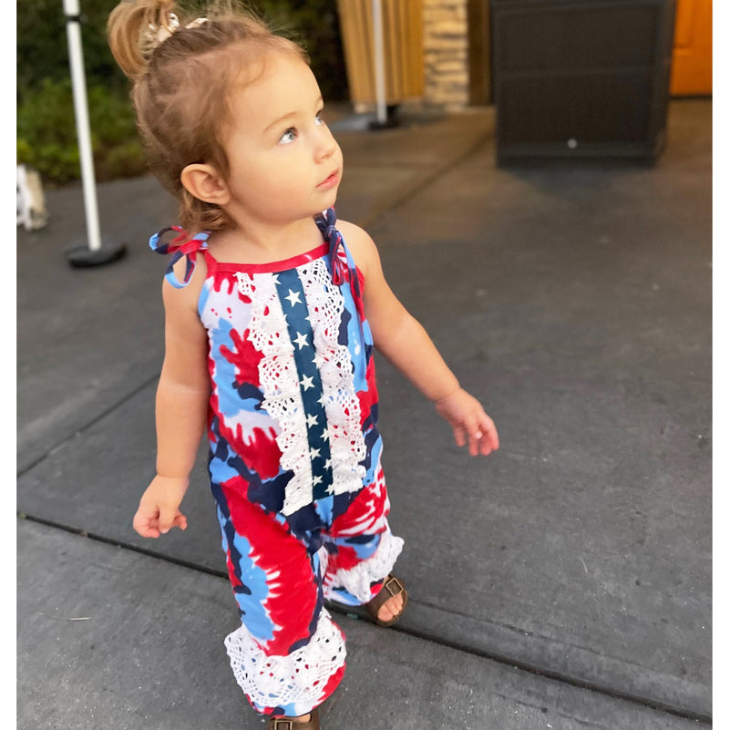 AnnLoren Red, White & Blue Tie Dye Baby Girls Romper Toddler 4th of July Jumpsuit-2